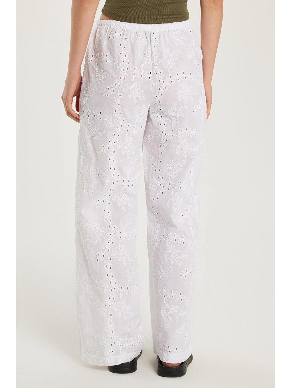 Kadın Regular Fit %100 Pamuk Beli Lastikli Bağlamalı Geniş Paça Ekru Pantolon-3