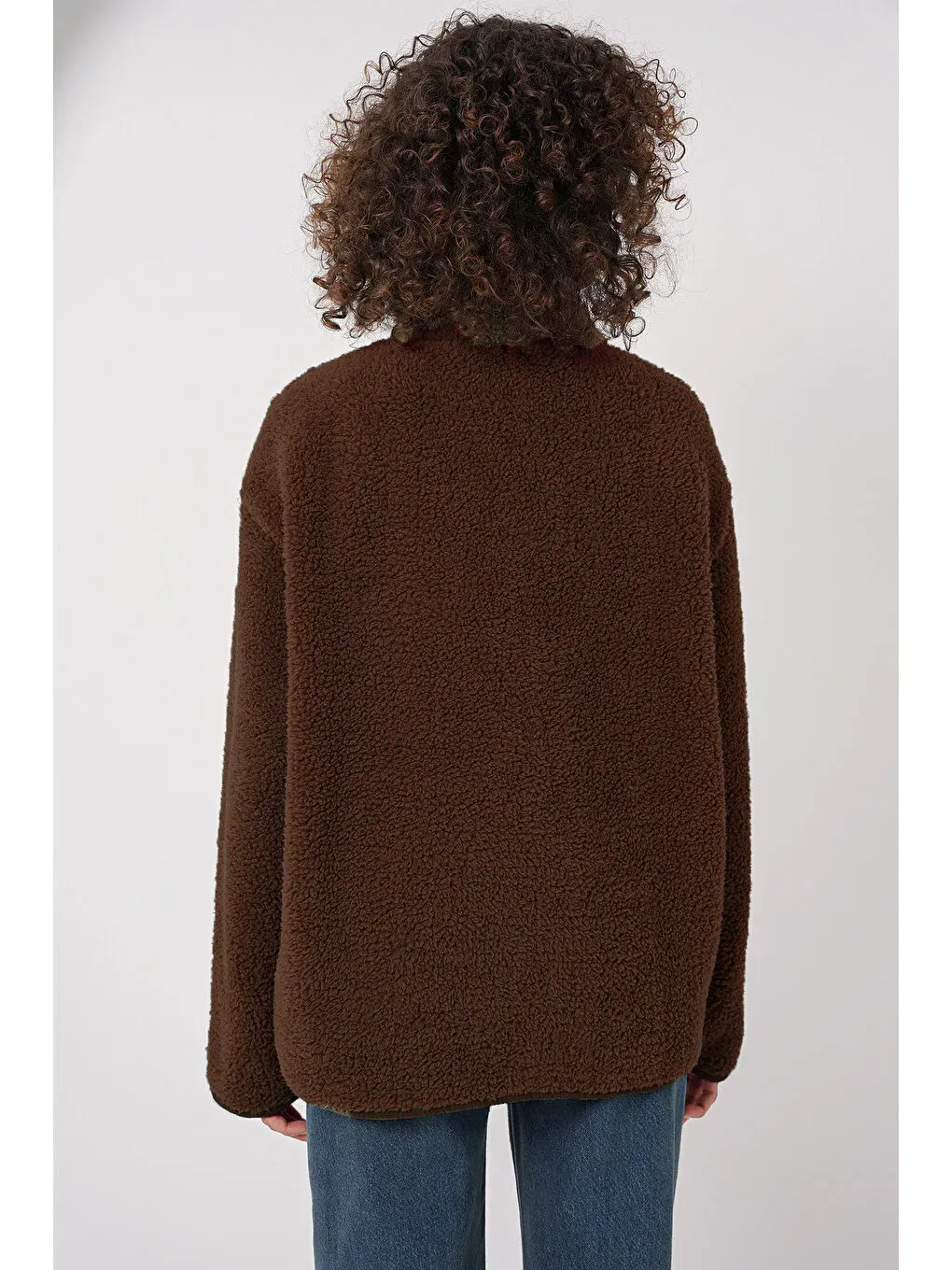 Kahverengi Kadın Fermuarlı Oversize Pelüş Ceket 55446-2