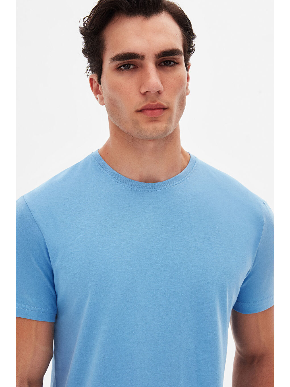 Slim Fit Açık İndigo Bisiklet Yaka %100 Pamuklu Nefes Alabilen T-Shirt-2