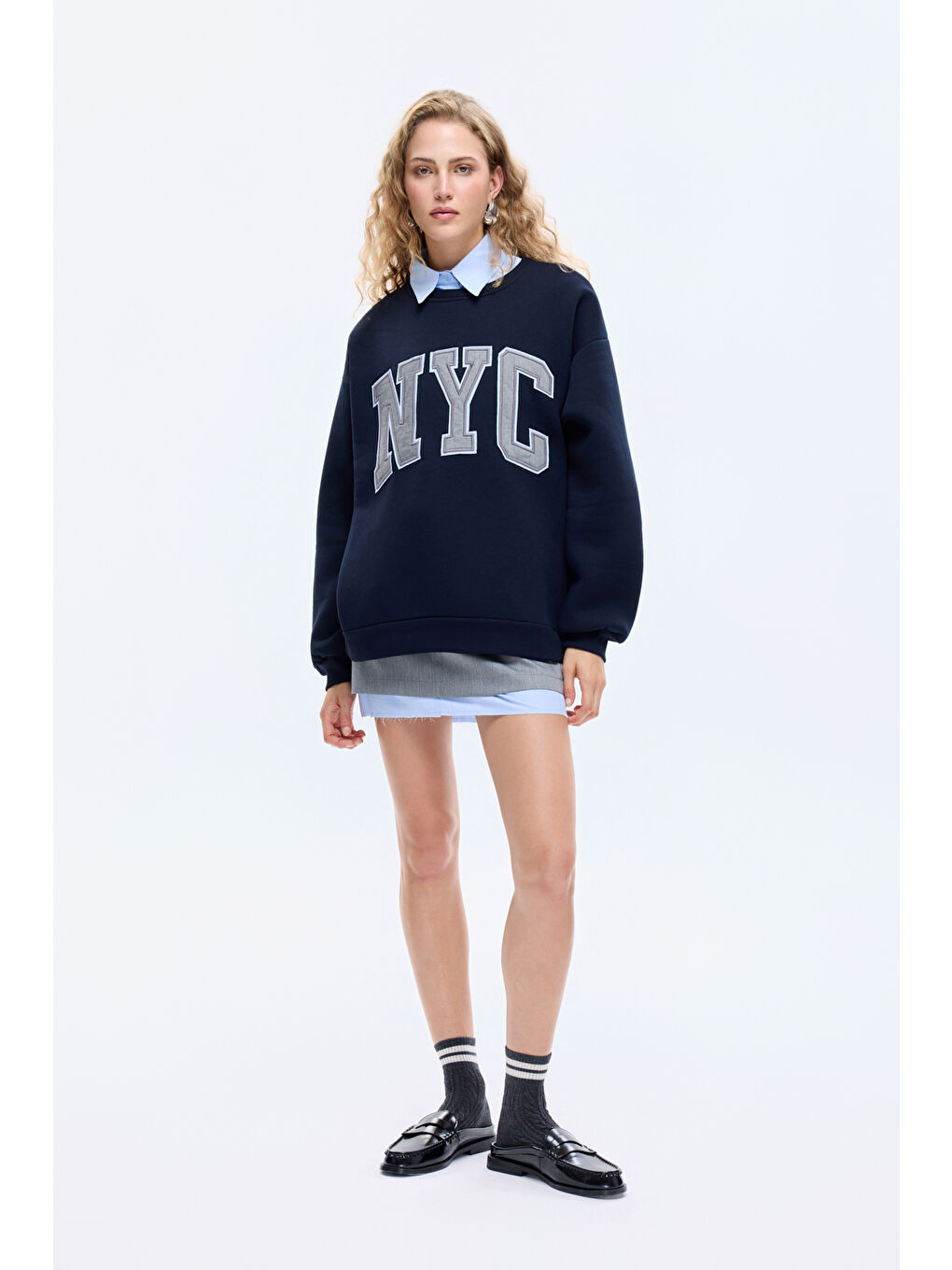 Gömlek Yakalı Nakış Detaylı Oversize Sweatshirt Lacivert-2