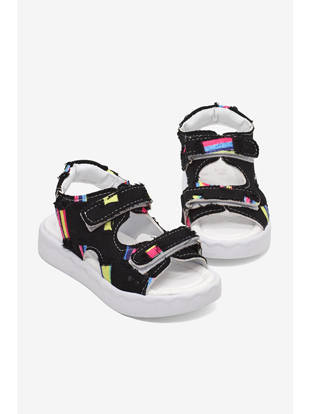 Çocuk Unisex Siyah Rahat Kalıp Renk Desenli Çift Cırtlı Sandalet
