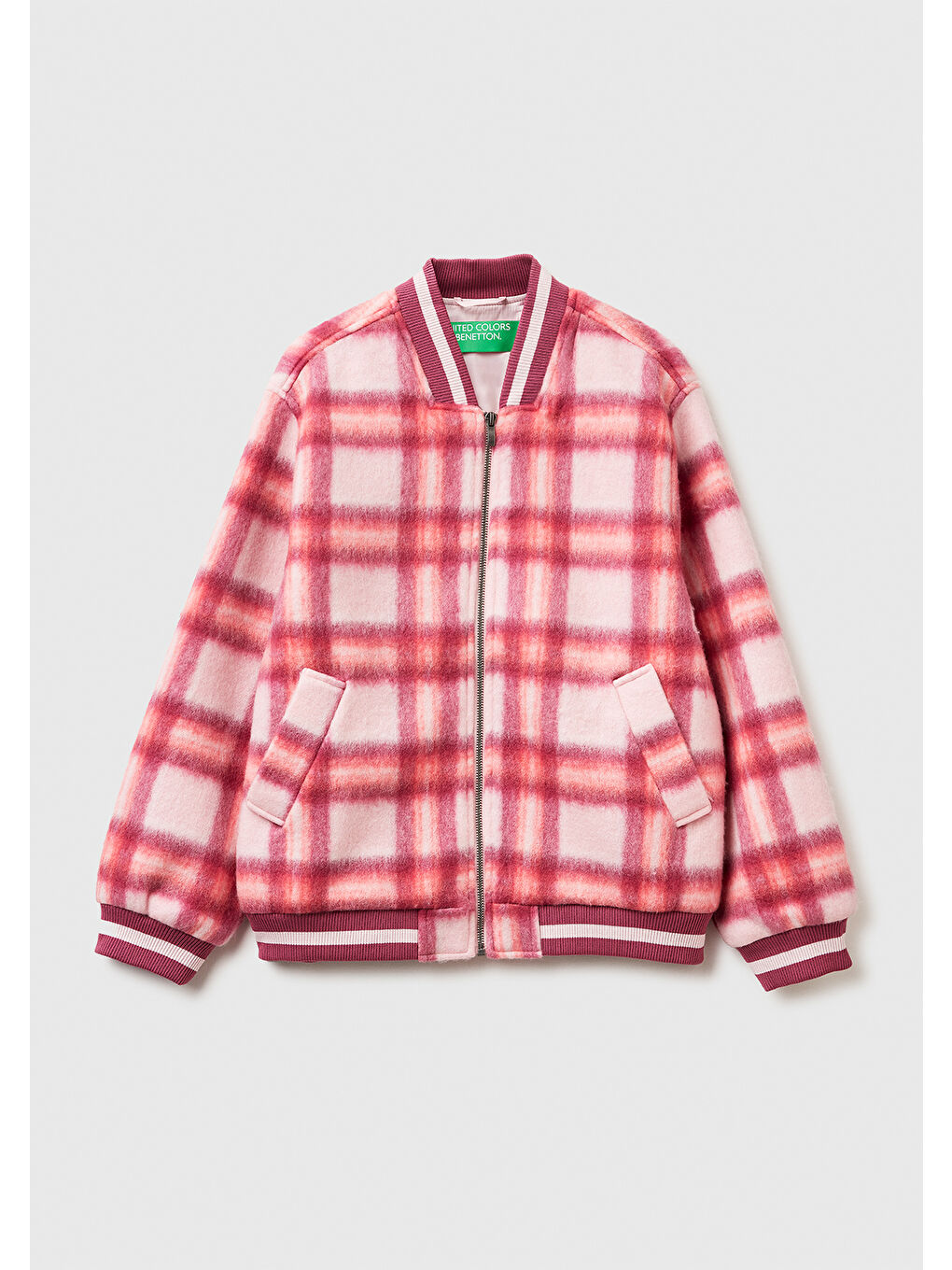 Kadın Kırmızı Ekoseli Yün ve Viskoz Karışımlı Desenli Fermuarlı Ceket-1