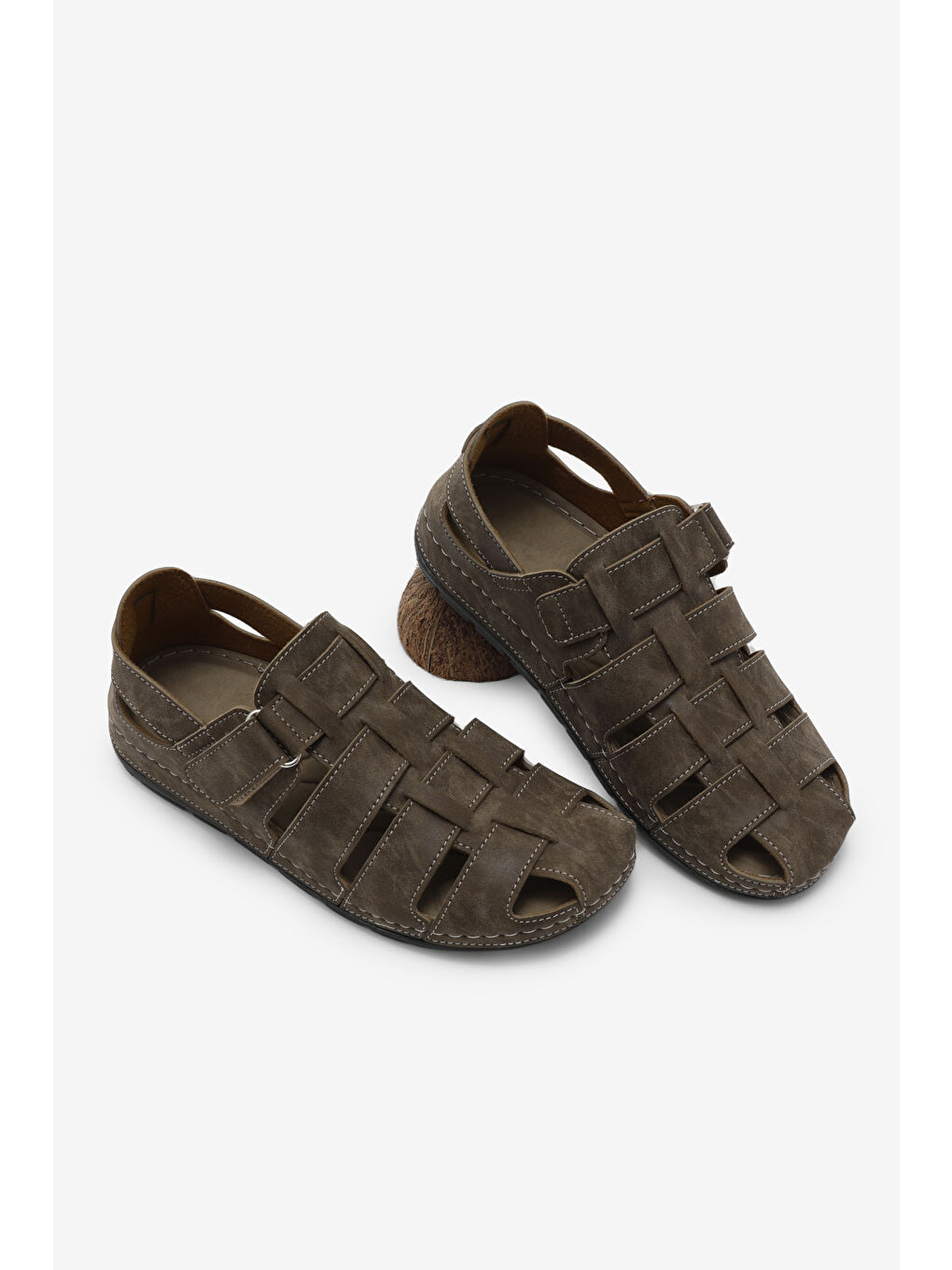 Bej Erkek Vizon Rahat Kalıp Poli Taban Kapalı Sandalet-2