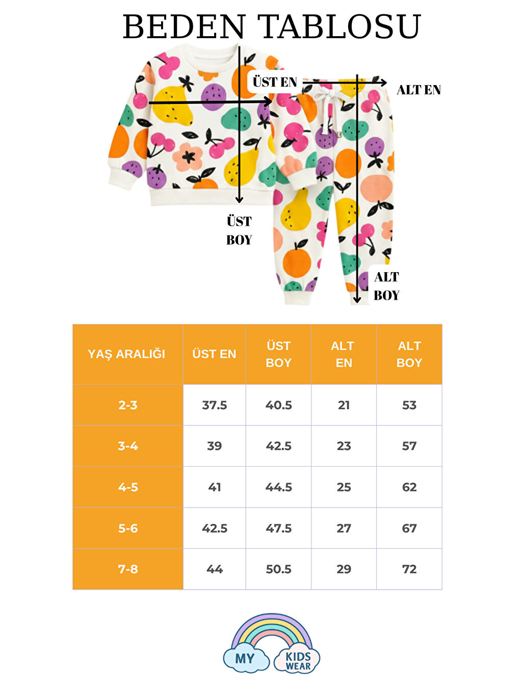 Beyaz Anaokulu-Renkli Meyve Desenli İpeksi Takım 2-8 Yaş-1