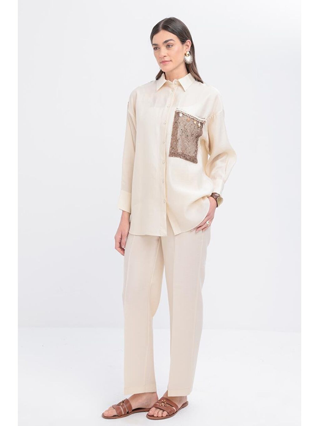 Ekru-File Garnili Gömlek-1