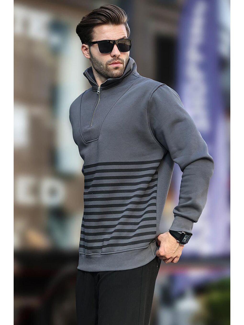 Madmext Füme Fermuar Yakalı Çizgili Sweatshirt 7056