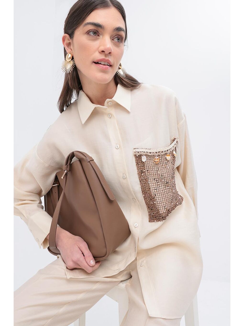 Ekru-File Garnili Gömlek-5