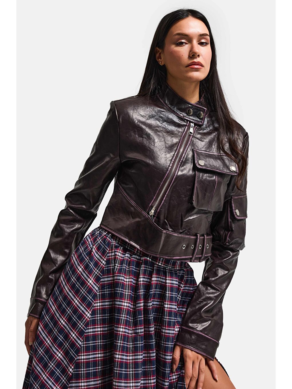 Kahverengi Kadın Bordo Kahve w5 Kemer Detaylı Özel Tasarım Deri Ceket