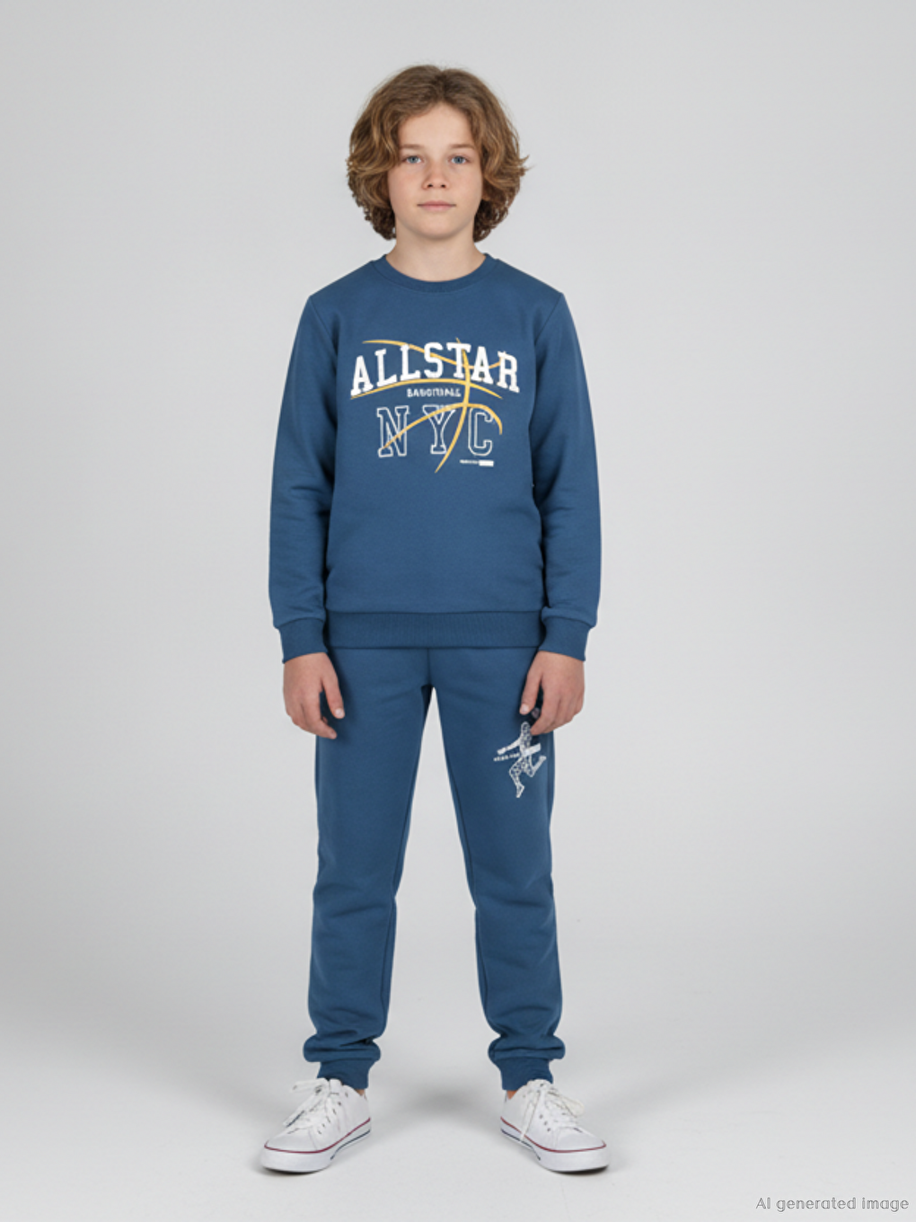 İndigo Bisiklet Yaka Erkek Çocuk Baskılı Sweatshirt Ve Eşofman Alt 2'li Takım