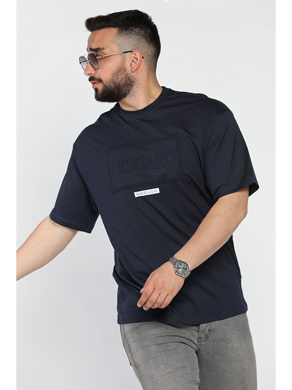 Lacivert Erkek Yazı Baskılı  Tişört-1