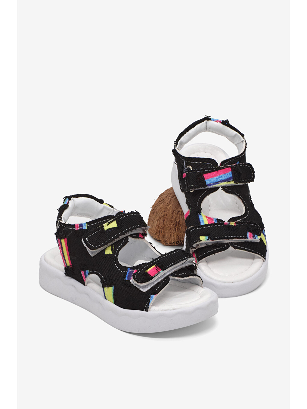 Çocuk Unisex Siyah Rahat Kalıp Renk Desenli Çift Cırtlı Sandalet-1