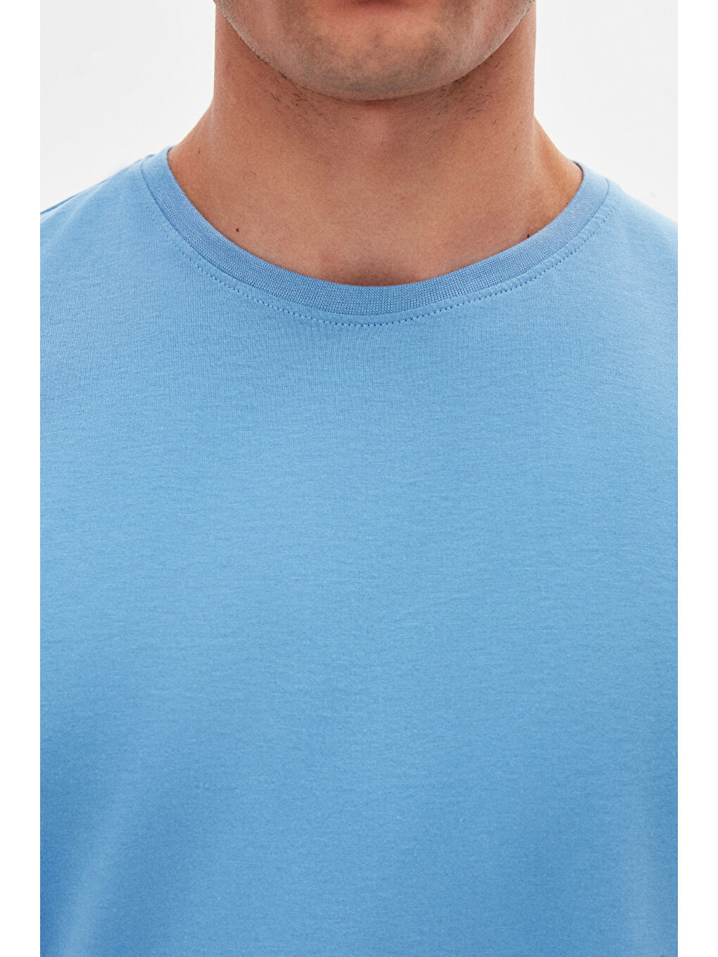 Slim Fit Açık İndigo Bisiklet Yaka %100 Pamuklu Nefes Alabilen T-Shirt-3