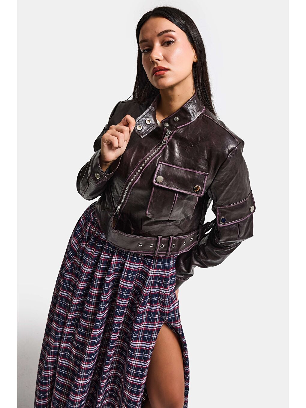 Kahverengi Kadın Bordo Kahve w5 Kemer Detaylı Özel Tasarım Deri Ceket-1