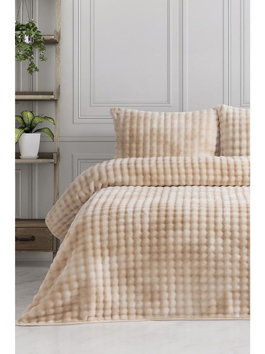 Ekru Merinos Reflection Çift Kişilik Battaniye Seti Krem