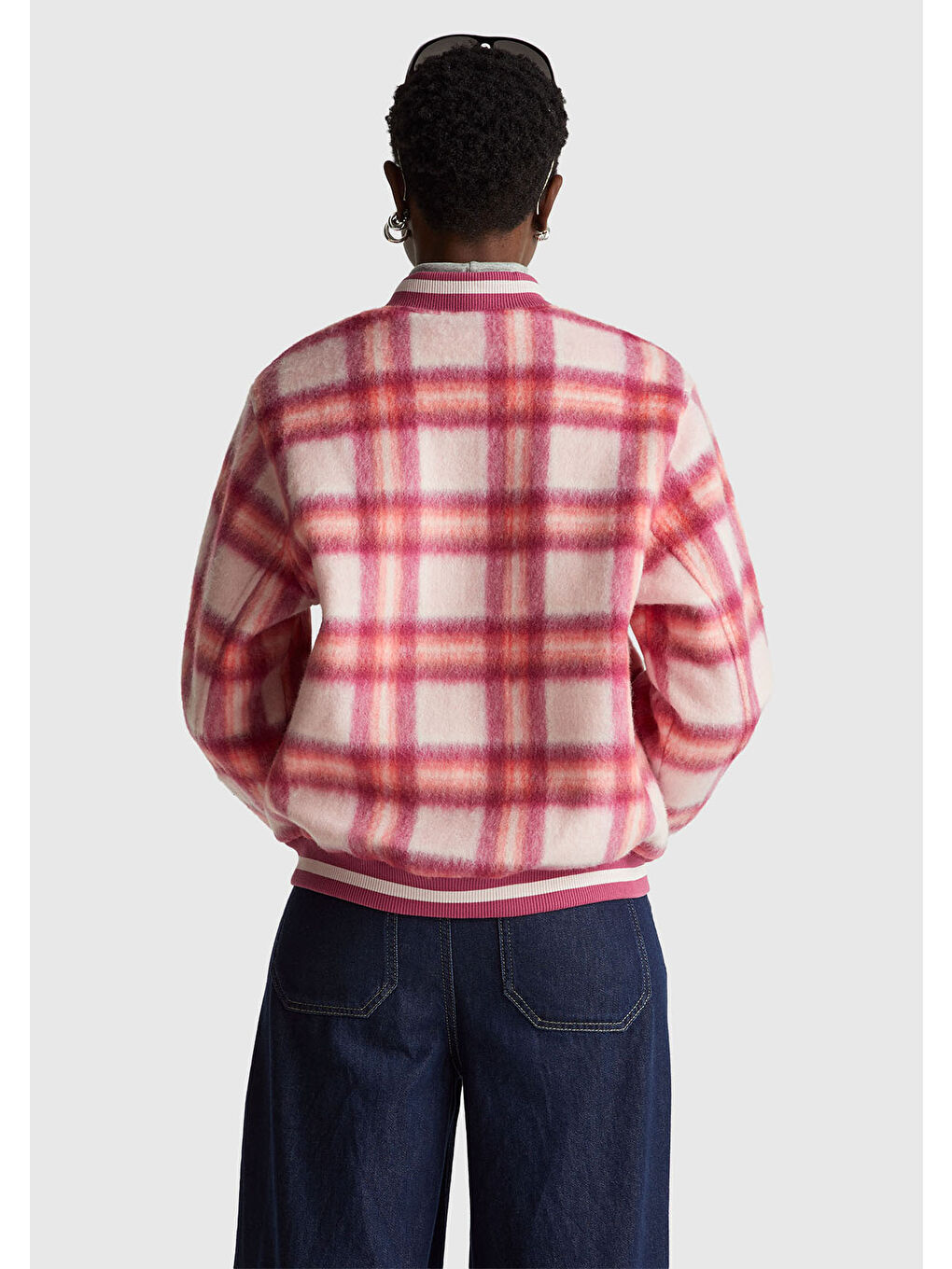 Kadın Kırmızı Ekoseli Yün ve Viskoz Karışımlı Desenli Fermuarlı Ceket-2