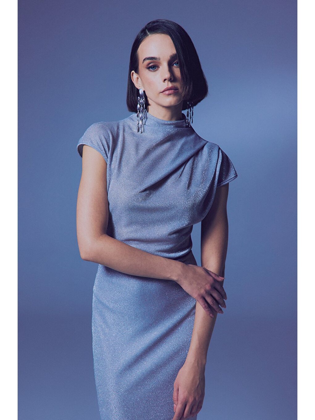 Gri Simli Dik Yaka Bodysuit - Gümüş