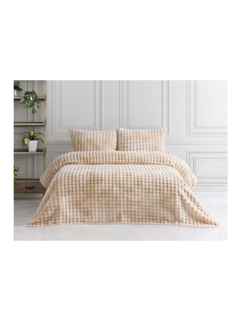 Ekru Merinos Reflection Çift Kişilik Battaniye Seti Krem-1