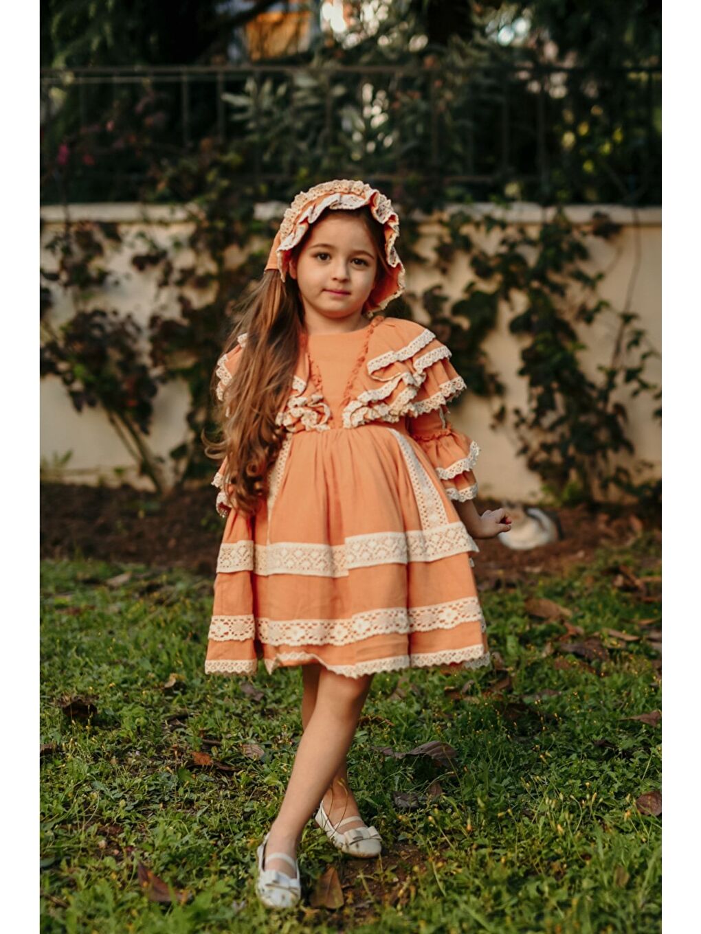 Turuncu Bandanalı Dantel Detaylı Tasarım Vintage Kız Çocuk Elbise_M2206-2