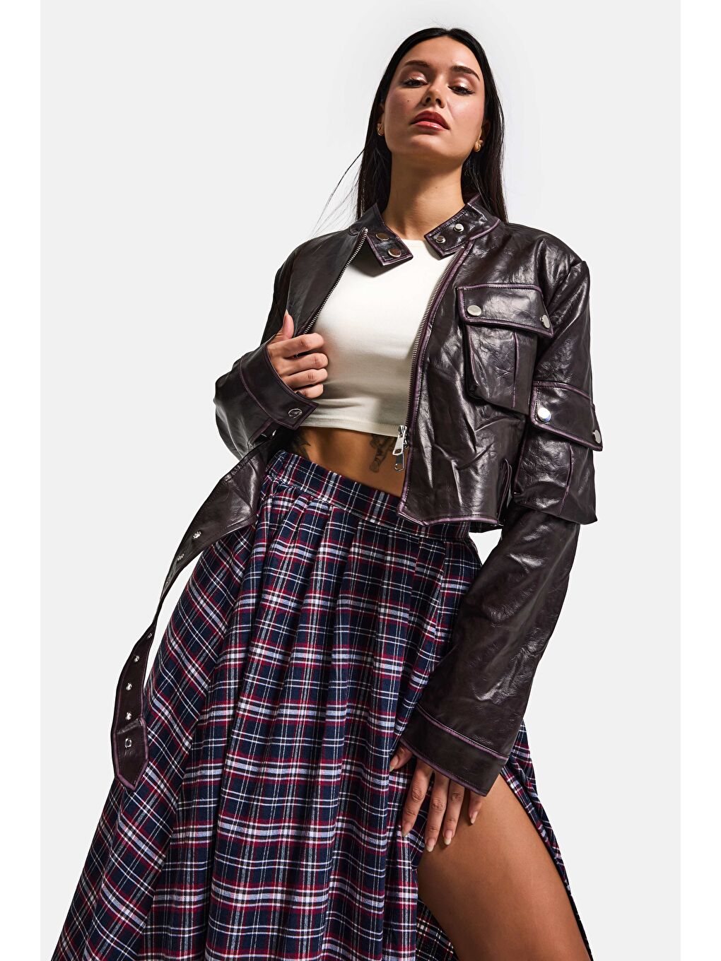 Kahverengi Kadın Bordo Kahve w5 Kemer Detaylı Özel Tasarım Deri Ceket-3