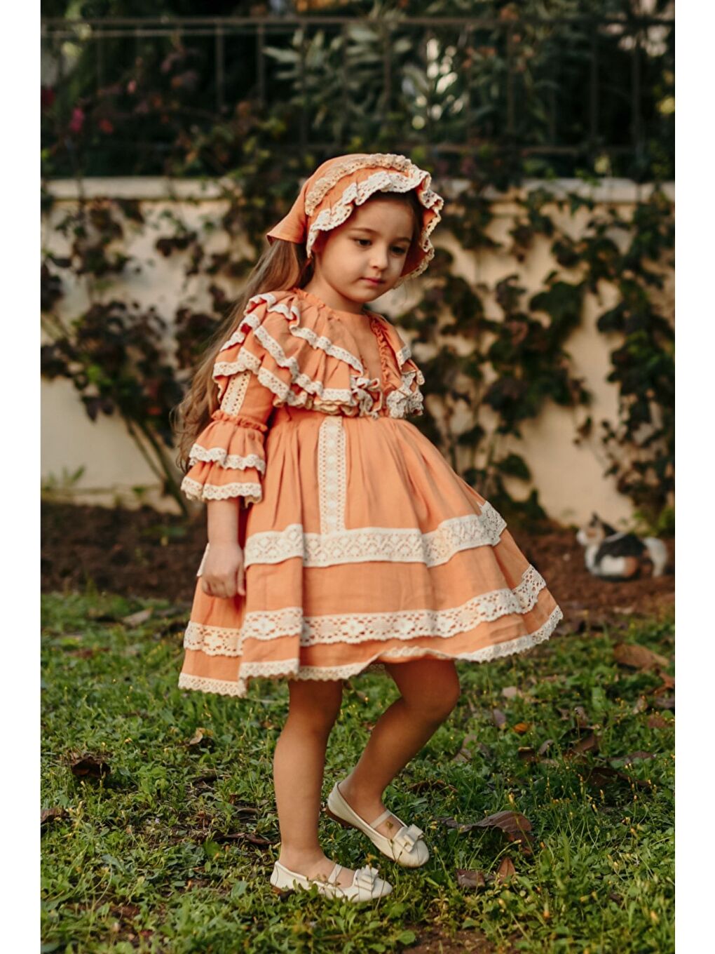 Turuncu Bandanalı Dantel Detaylı Tasarım Vintage Kız Çocuk Elbise_M2206-3