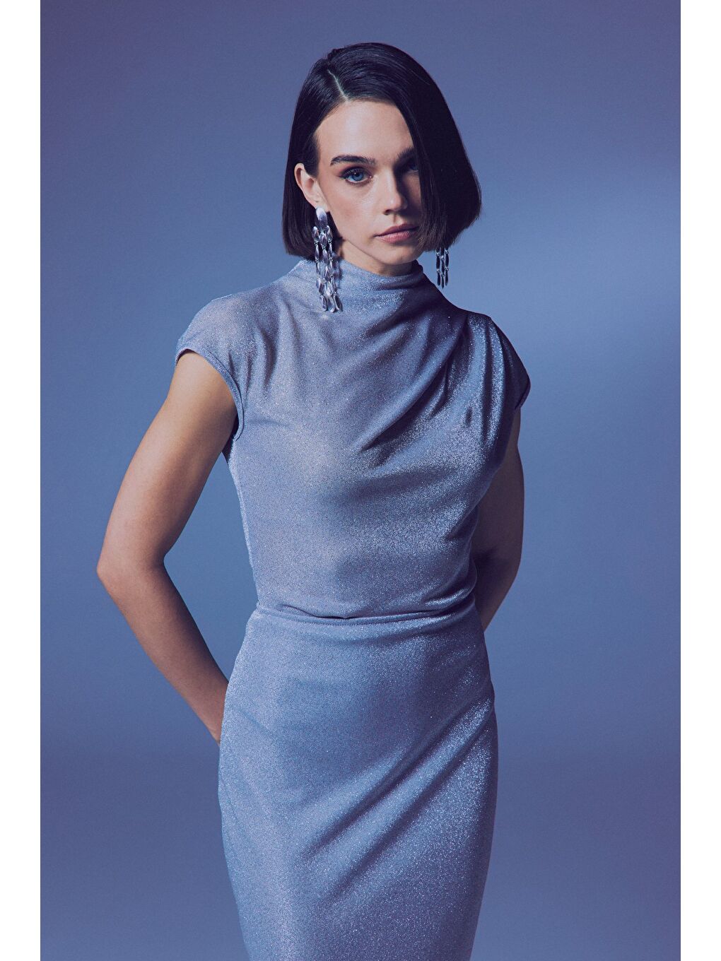 Gri Simli Dik Yaka Bodysuit - Gümüş-2