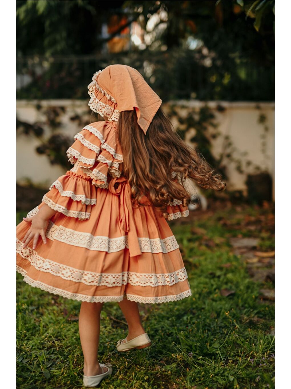 Turuncu Bandanalı Dantel Detaylı Tasarım Vintage Kız Çocuk Elbise_M2206-4