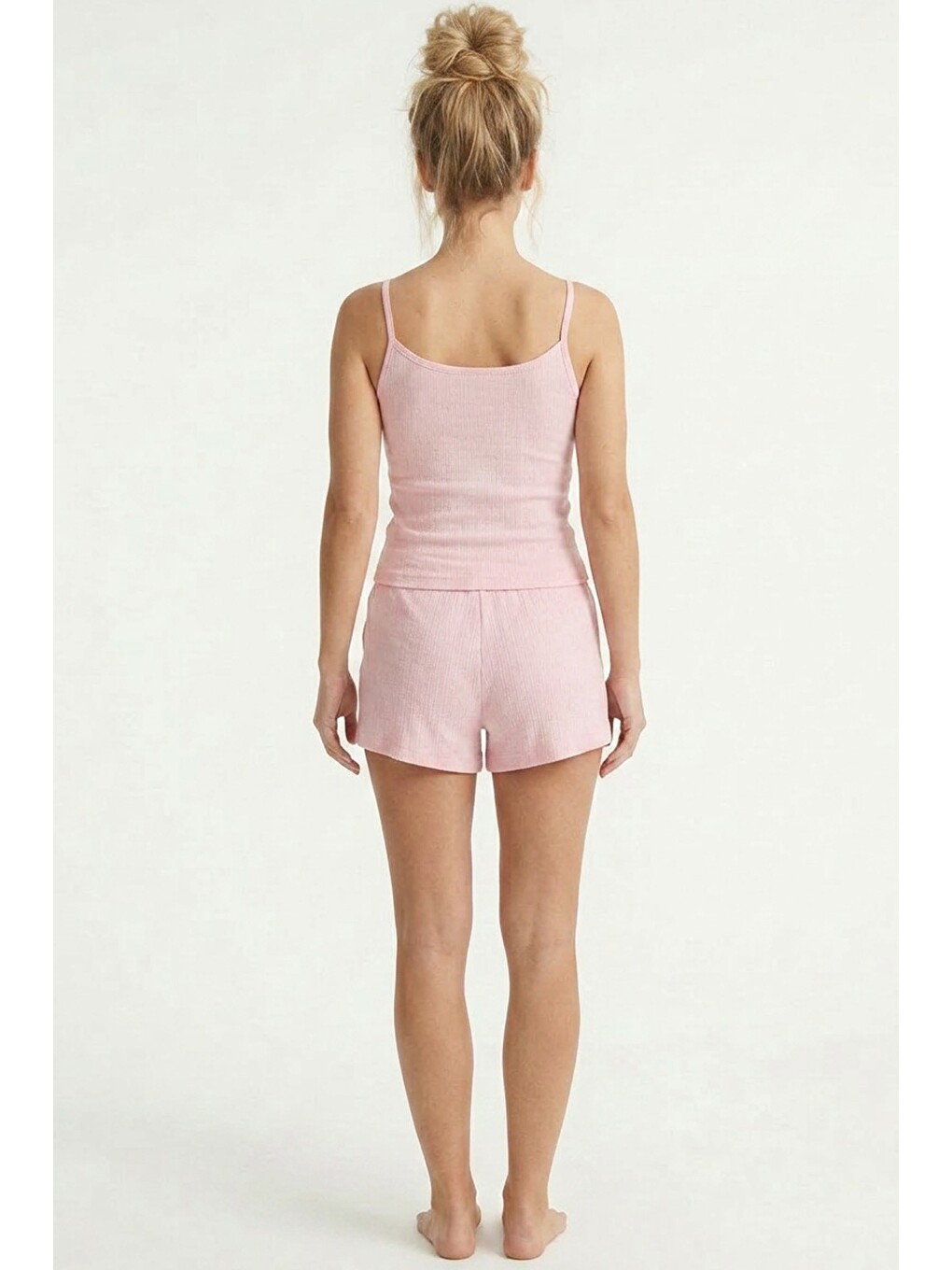 Pembe Bürümcük-krınkıl İp Askılı Şortlu Pijama Takım 8060-1