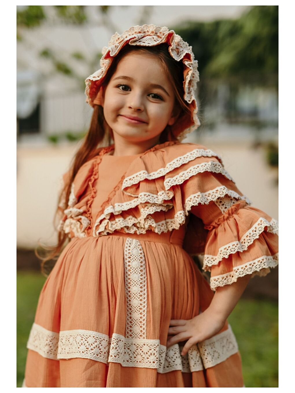 Turuncu Bandanalı Dantel Detaylı Tasarım Vintage Kız Çocuk Elbise_M2206-5