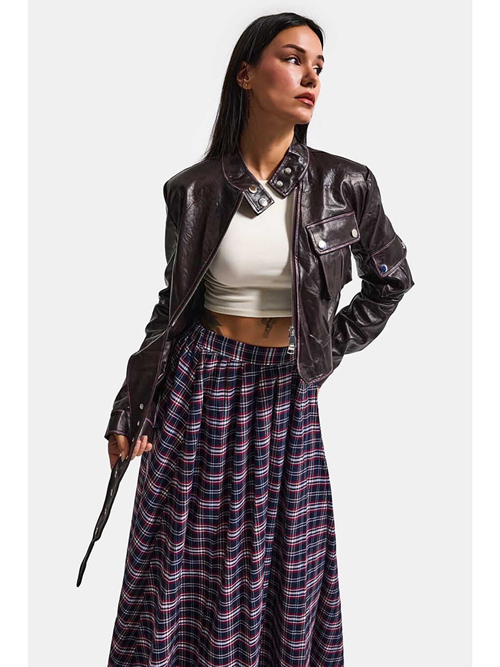 Kahverengi Kadın Bordo Kahve w5 Kemer Detaylı Özel Tasarım Deri Ceket-4