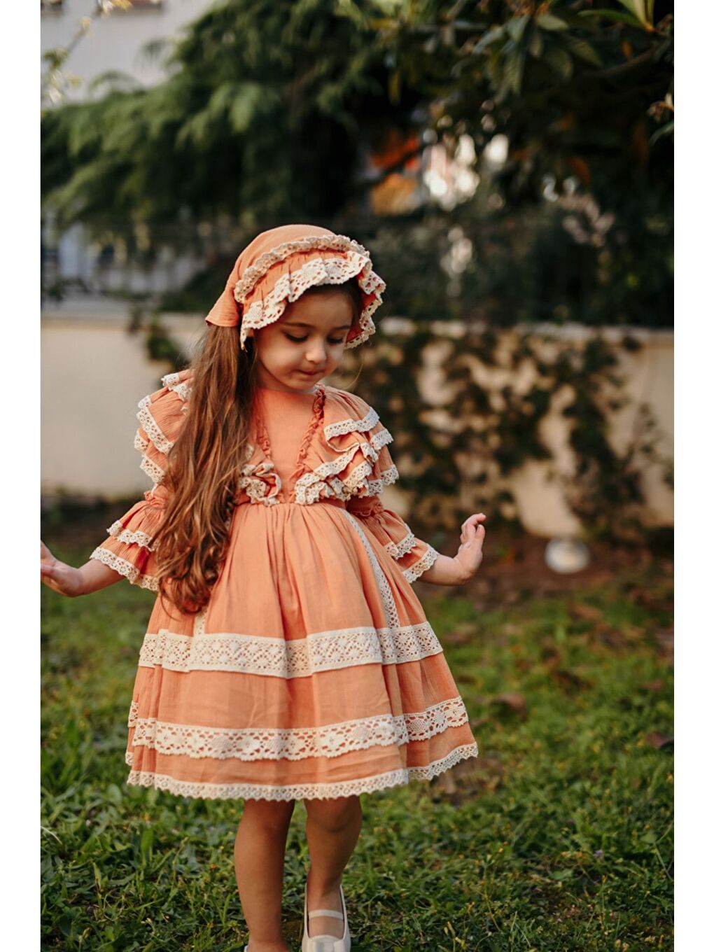 Turuncu Bandanalı Dantel Detaylı Tasarım Vintage Kız Çocuk Elbise_M2206-6