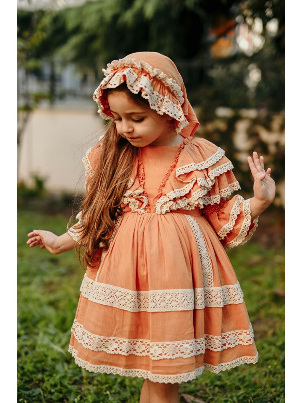 Turuncu Bandanalı Dantel Detaylı Tasarım Vintage Kız Çocuk Elbise_M2206-7