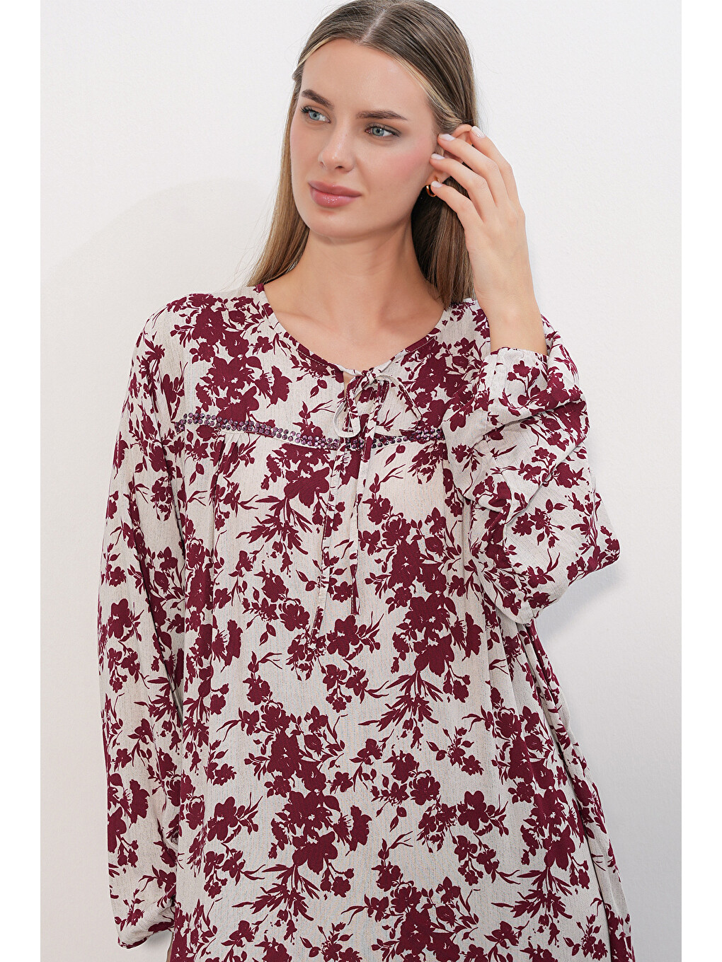Kadın Desenli Uzun Elbise 2596 - Bordo-2