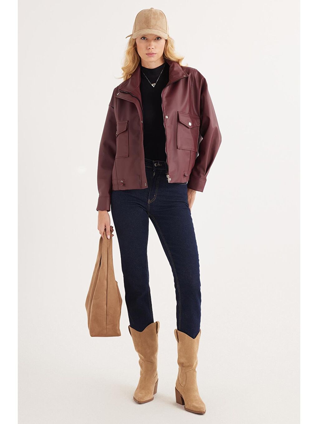 Kadın Regular Fit Klasik Kesim Fermuarlı Çıtçıt Kapamalı Bordo Ceket