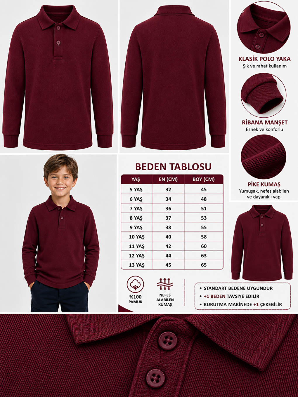 Bordo Kids Polo Yaka Basic Uzun Kollu Unisex Erkek Çocuk Tişört-1