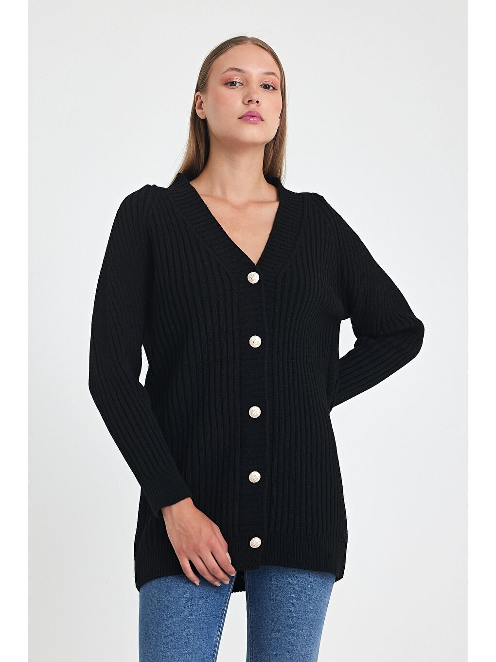 Siyah V Yaka Uzun Kol Önden Düğmeli Casual Oversize Triko Hırka 75 60