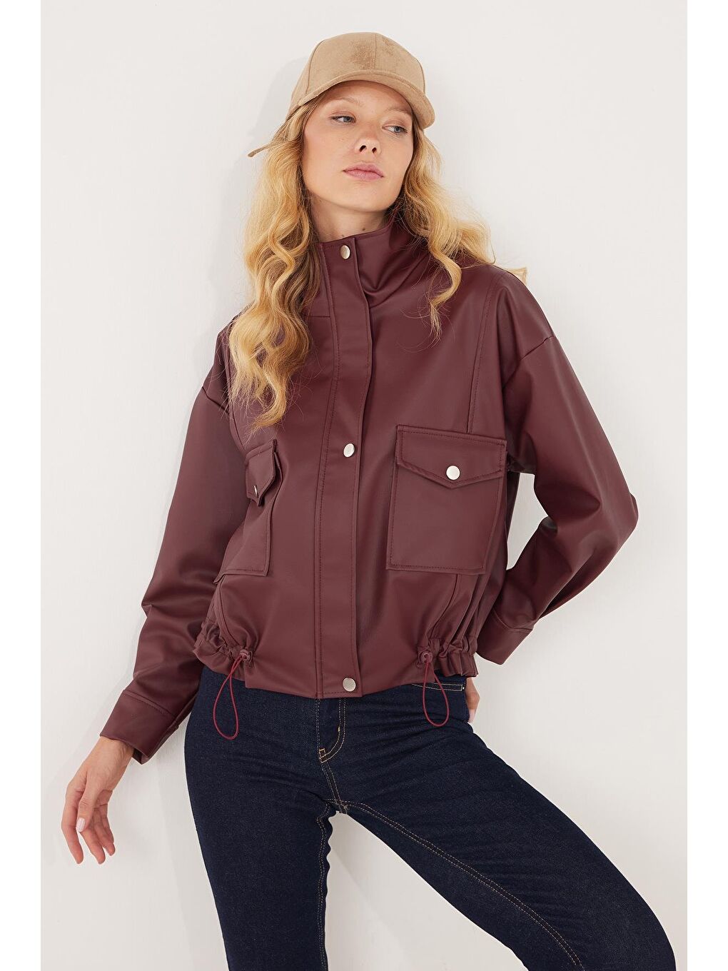 Kadın Regular Fit Klasik Kesim Fermuarlı Çıtçıt Kapamalı Bordo Ceket-1