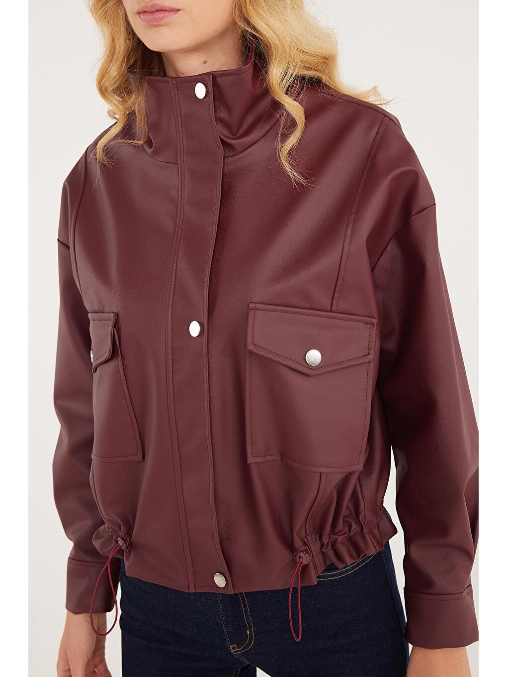 Kadın Regular Fit Klasik Kesim Fermuarlı Çıtçıt Kapamalı Bordo Ceket-2