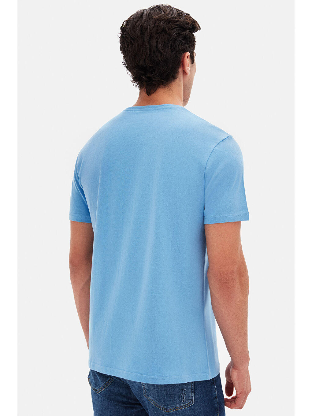 Slim Fit Açık İndigo Bisiklet Yaka %100 Pamuklu Nefes Alabilen T-Shirt-5