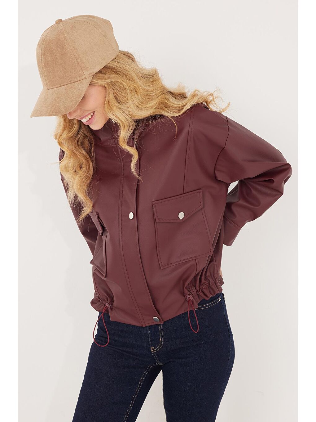 Kadın Regular Fit Klasik Kesim Fermuarlı Çıtçıt Kapamalı Bordo Ceket-3