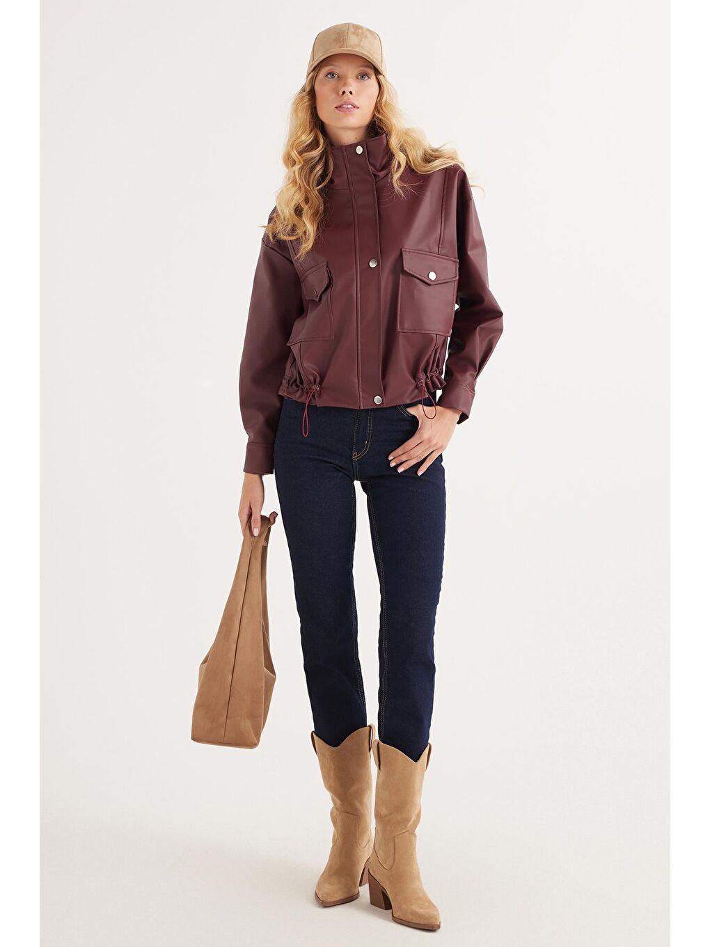 Kadın Regular Fit Klasik Kesim Fermuarlı Çıtçıt Kapamalı Bordo Ceket-4