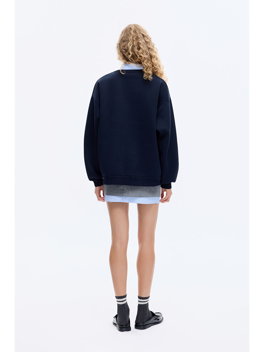 Gömlek Yakalı Nakış Detaylı Oversize Sweatshirt Lacivert-4