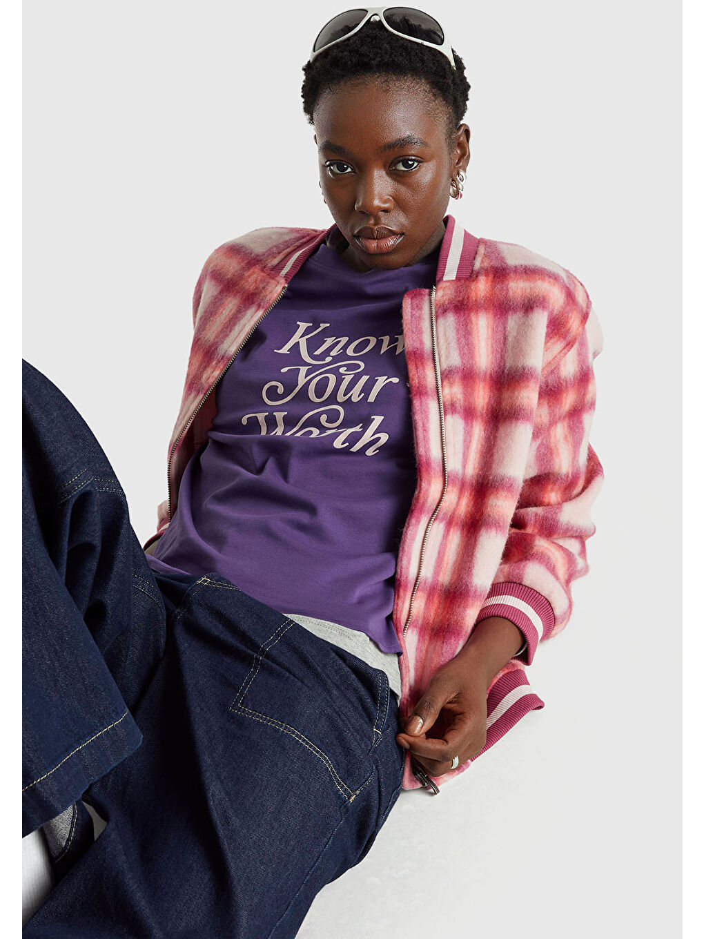 Kadın Kırmızı Ekoseli Yün ve Viskoz Karışımlı Desenli Fermuarlı Ceket-4