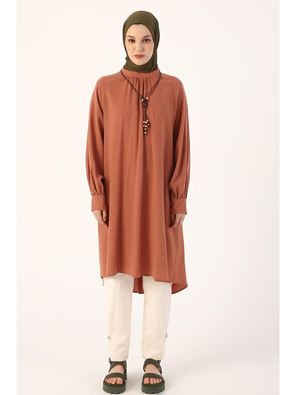 Pembe Gül Hakim Yaka Kolyeli Viskon Keten Gömlek-1