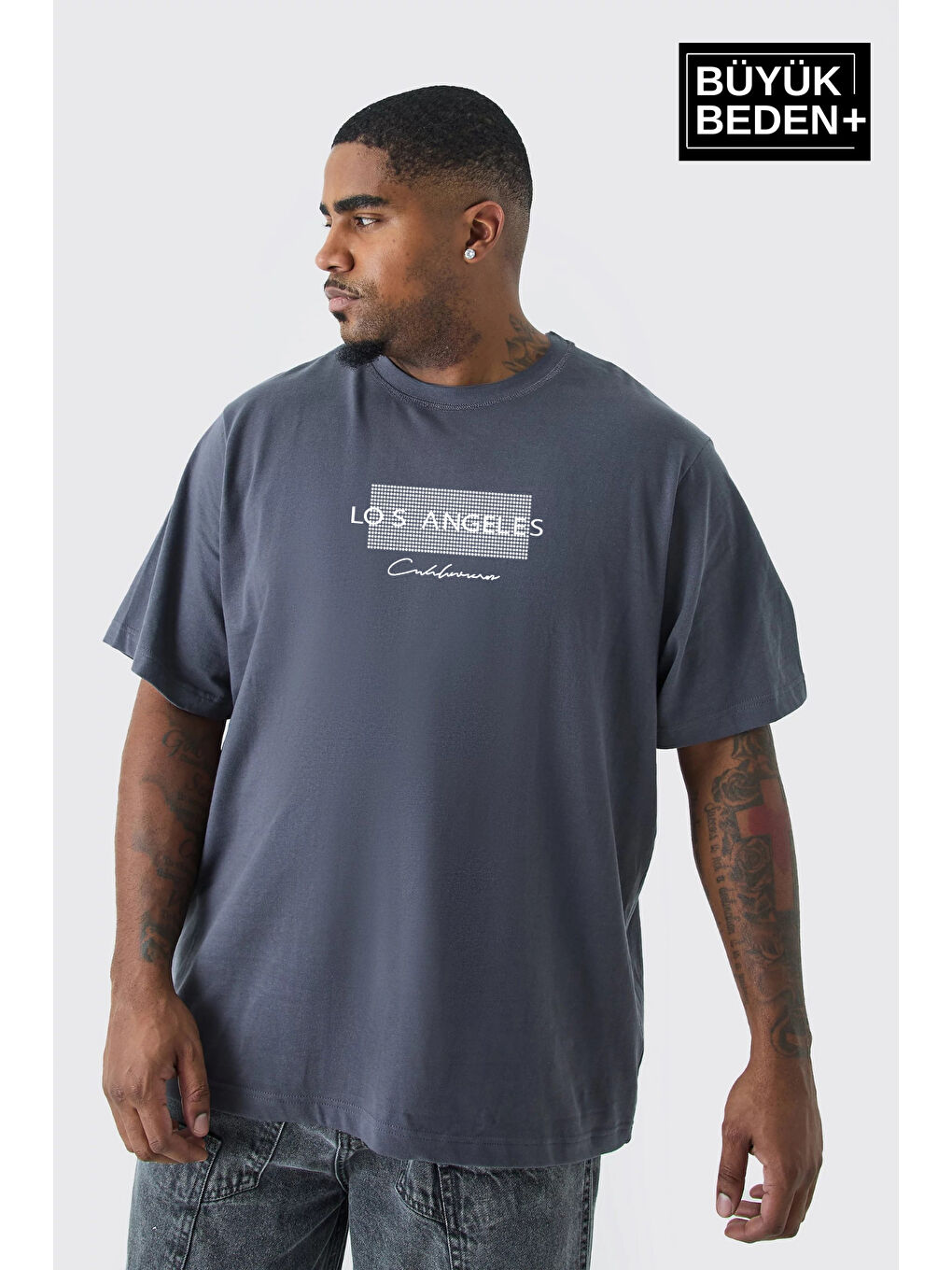 Gri Erkek Büyük Beden Las Angeles Baskılı Bisiklet Yaka Tişört SPR25BT909
