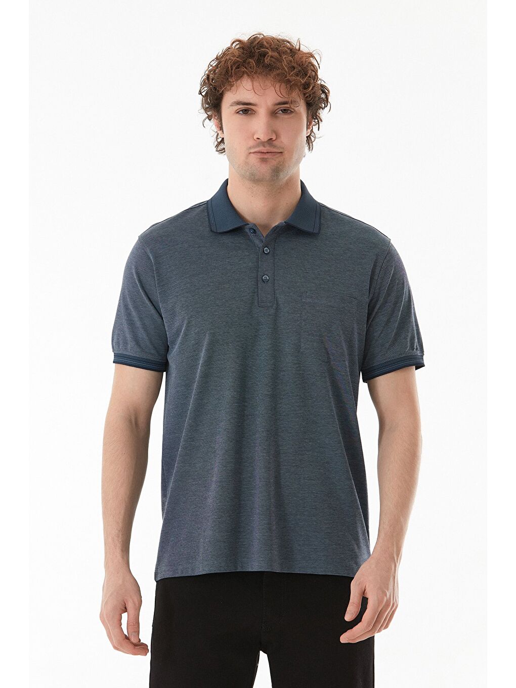 Mavi Cepli Düğmeli Polo Yaka Tişört-1