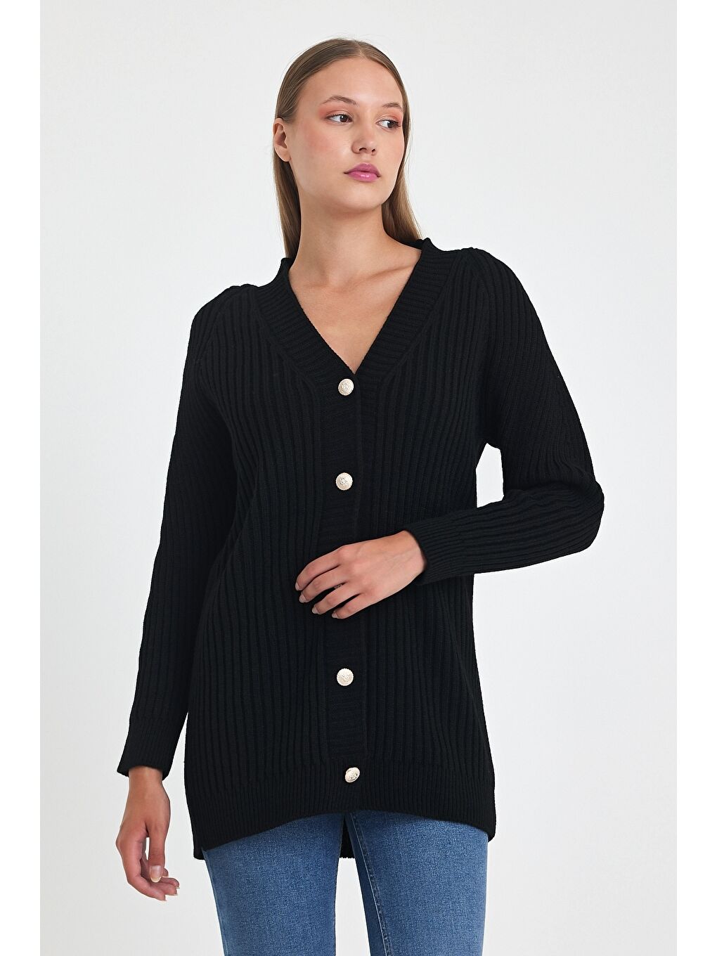 Siyah V Yaka Uzun Kol Önden Düğmeli Casual Oversize Triko Hırka 75 60-1