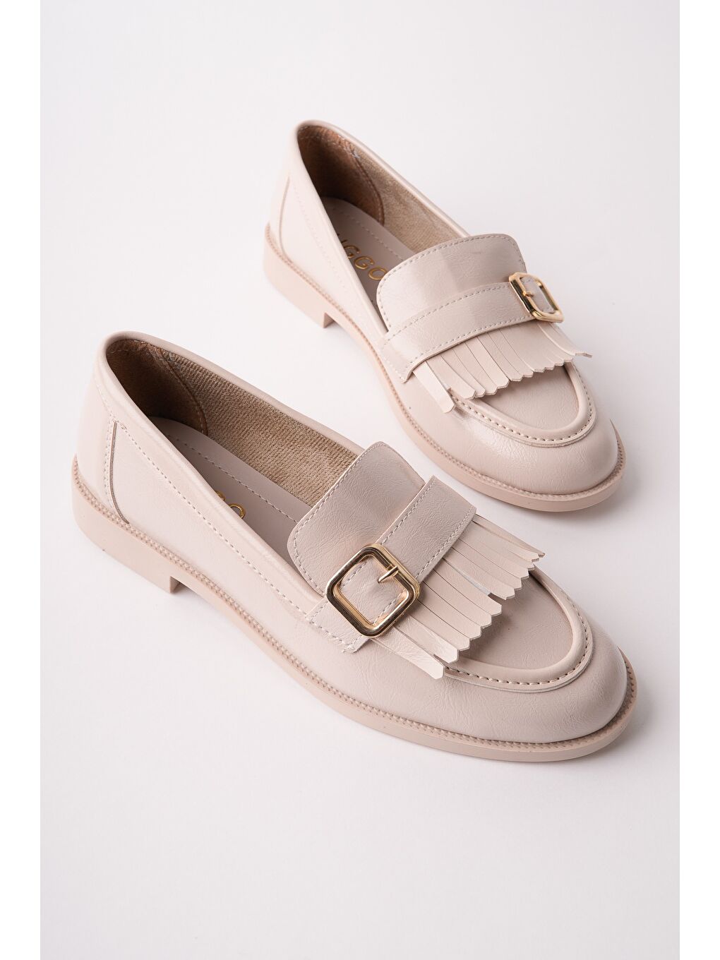 Bej TASSEL Gold Tokalı Püsküllü Kadın Günlük Loafer Ayakkabı-1