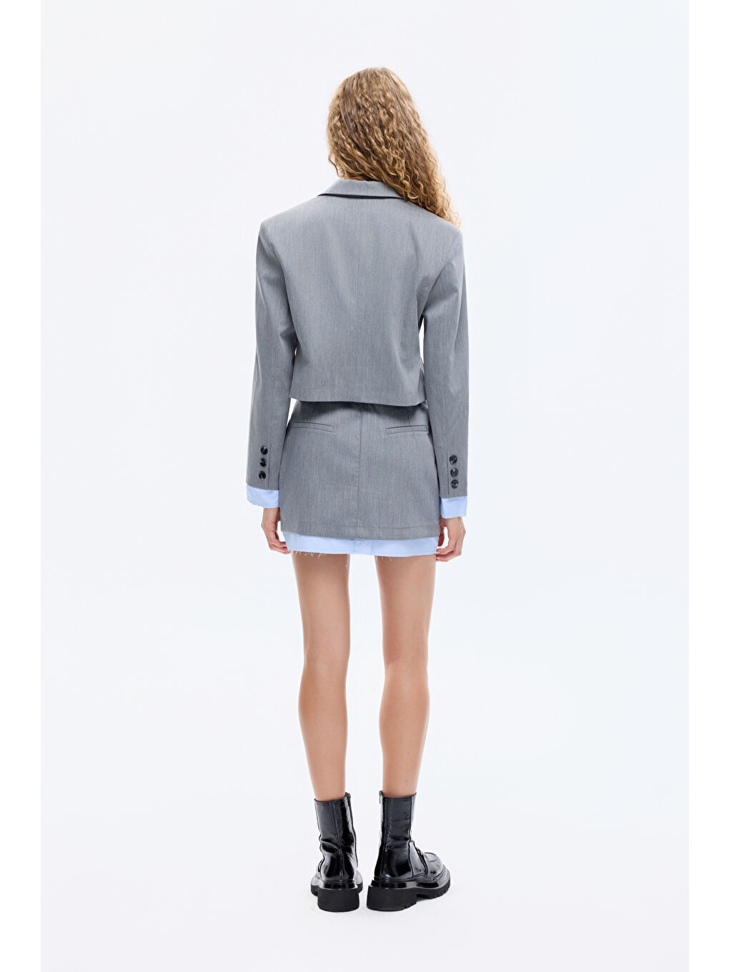 Kumaş Garnili Cep Detaylı Crop Blazer Ceket Gri-4