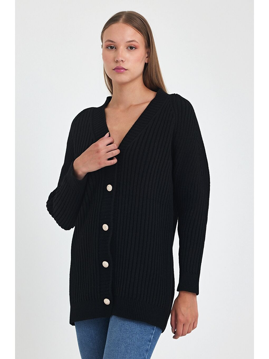 Siyah V Yaka Uzun Kol Önden Düğmeli Casual Oversize Triko Hırka 75 60-2