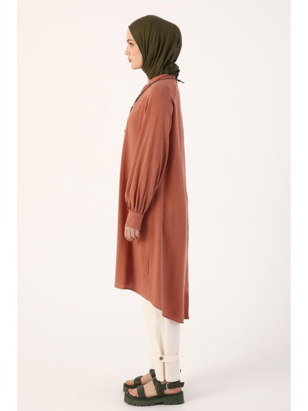 Pembe Gül Hakim Yaka Kolyeli Viskon Keten Gömlek-2